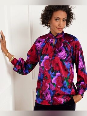 NWT Talbots Twist Neck Soft Satin Charmeuse Wrapped Floral Top Blouse Size XL